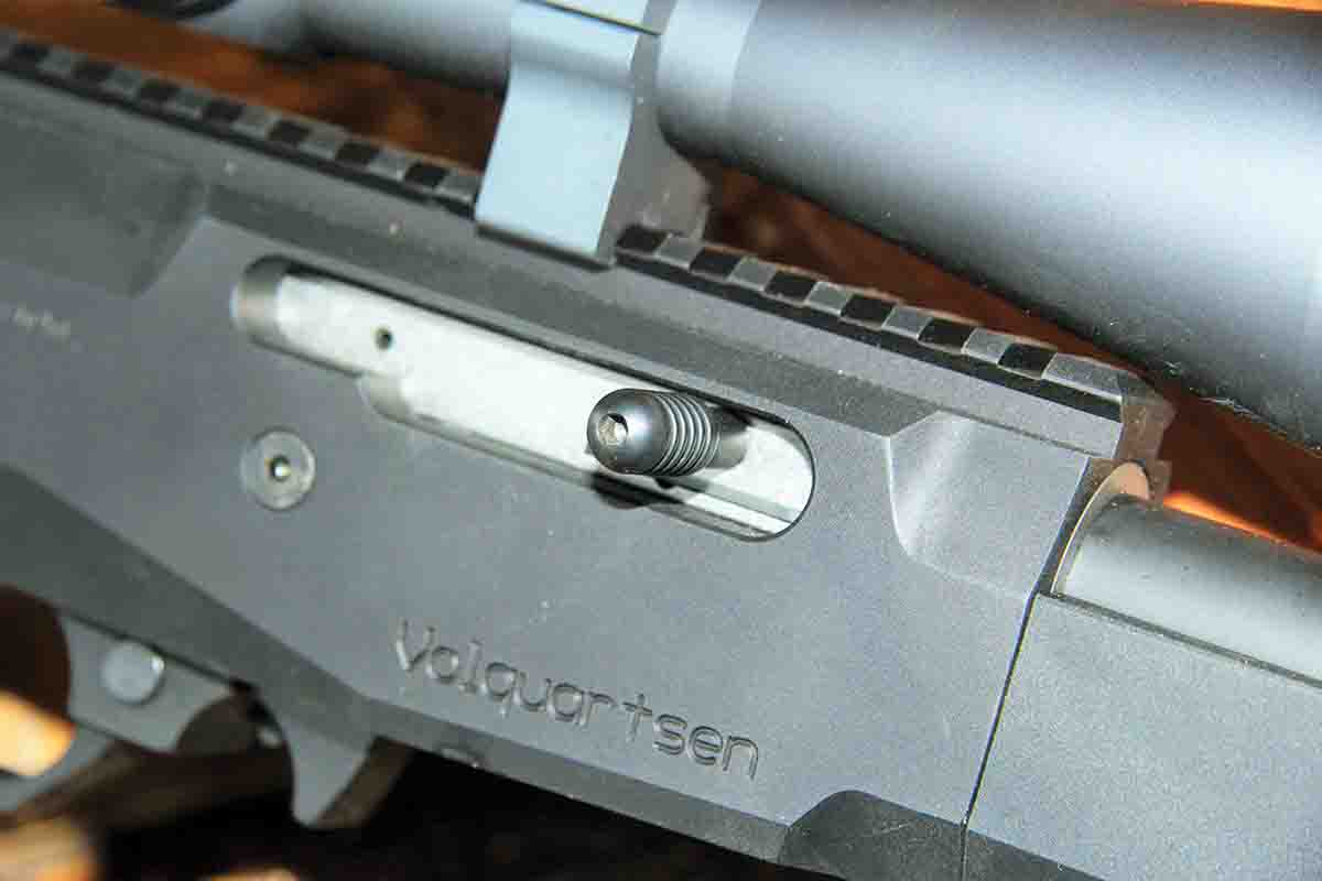 The bolt of the Volquartsen VT2 Takedown uses a direct blow-back system and stout tungsten construction to withstand the high pressures of the 17 HMR round.